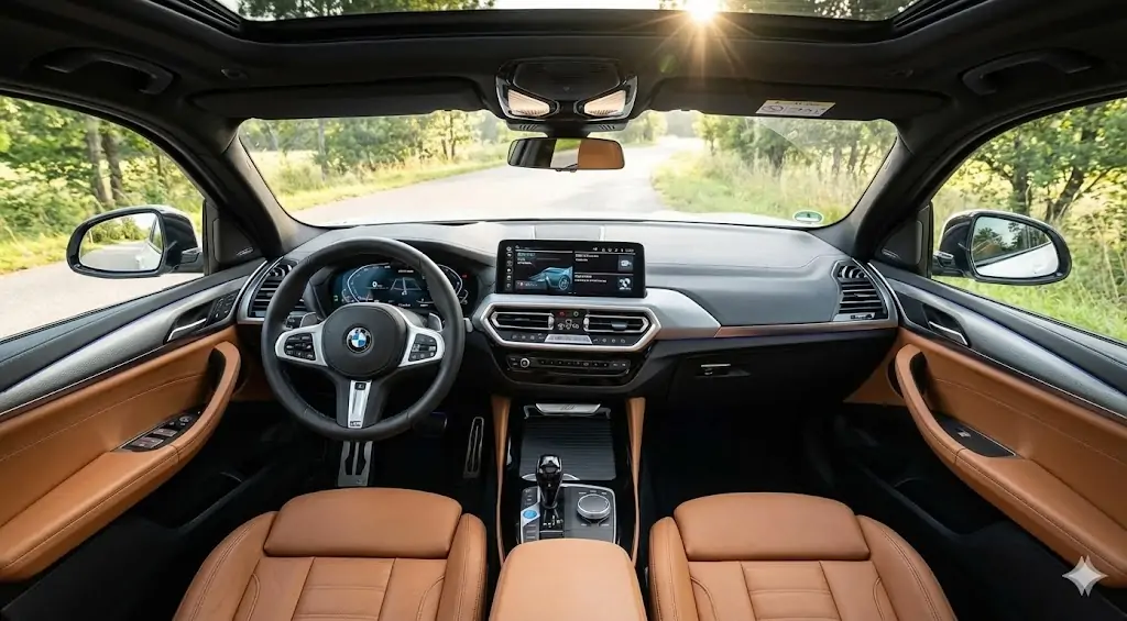 Izgled vozačevog mesta u BMW iX3: nova digitalna instrument tabla, centralni ekran osetljiv na dodir i klasična ručica menjača.